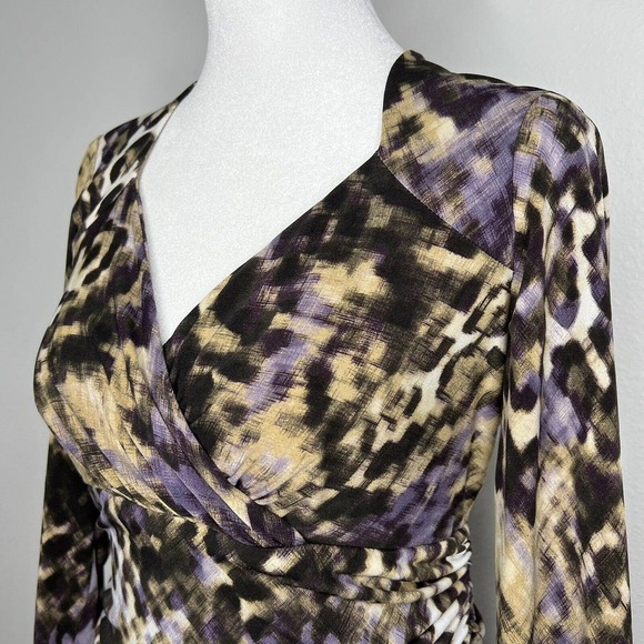 LAUREN Ralph Lauren Brown & Purple Leopard V-Neck 3/4 Sleeve Ruched Dress Sz 10 - Picture 3 of 11